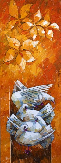 Iqbal Durrani, Autumn Gathering, 18 x 48 Inch, Oil on Canvas, Pigeon Painting, AC-IQD-245